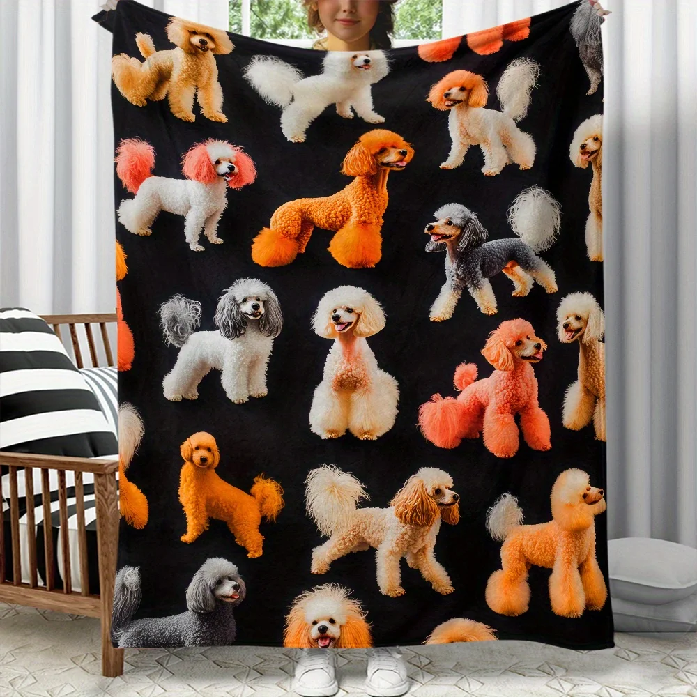 

1PC Colorful poodle dog pattern pet lover blanket cute animal print soft fleece for dog owners home decor