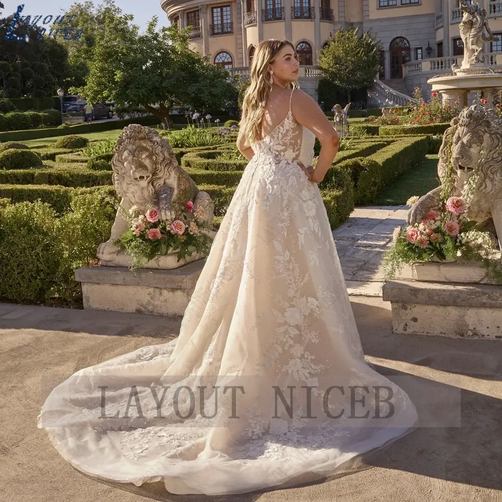 LAYOUT NICEB gaun pernikahan tali Spaghetti ukuran Plus gaun pengantin tanpa lengan applique gaun pengantin tanpa lengan A-Line Tulle Vestidos De Noiva