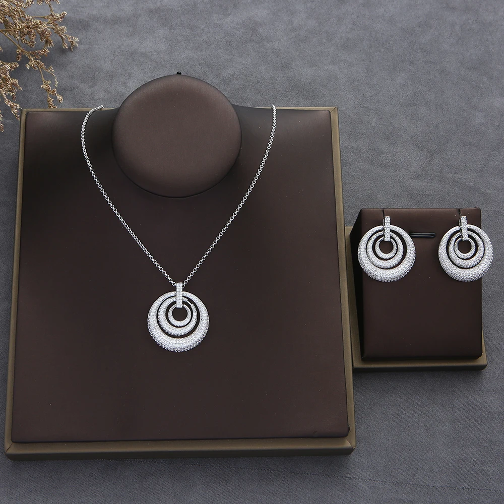 Luxury Personalized Three Ring Necklace Earring For Women Wedding Evening Party Dinner Dubai Jewelry Set Gifts S342