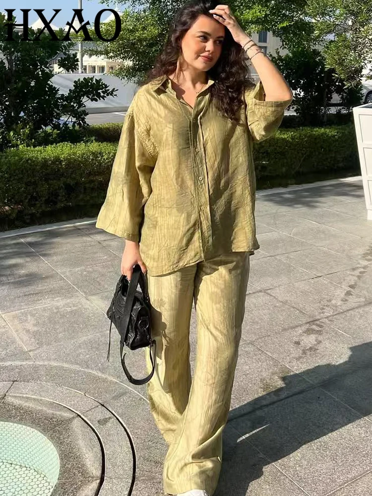 HXAO Print Lose Hosen-Sets Damenanzug Grün Übergroßes Langarm-Shirt-Set 2-teiliges Damen-Set mit eleganten Blumen-Schnürhosen