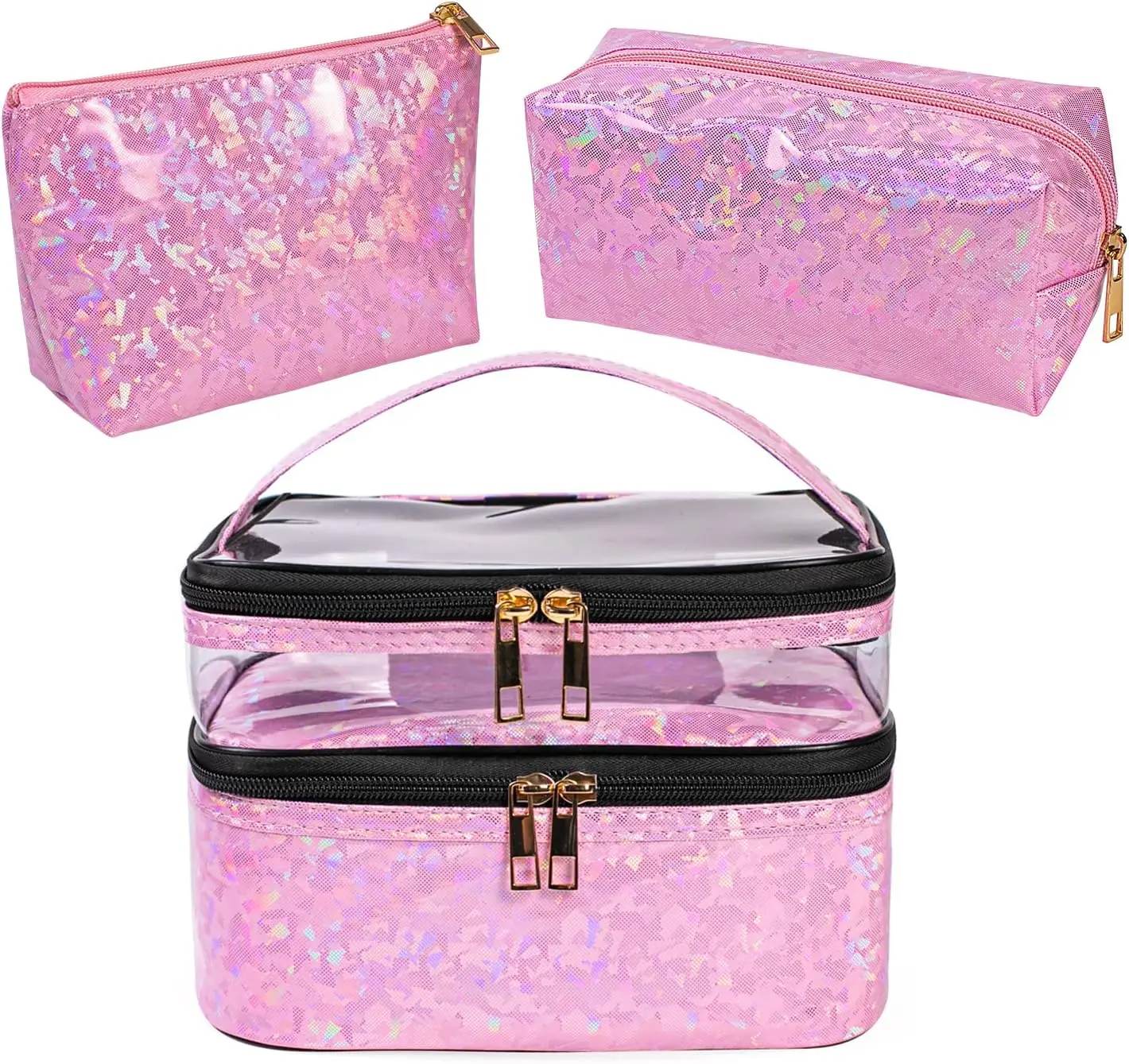 

3 Pieces Makeup Bags Double Layer Travel Large Holographic Cosmetic Cases Organizer Toiletry Bags Waterproof Small Zipper Pouch