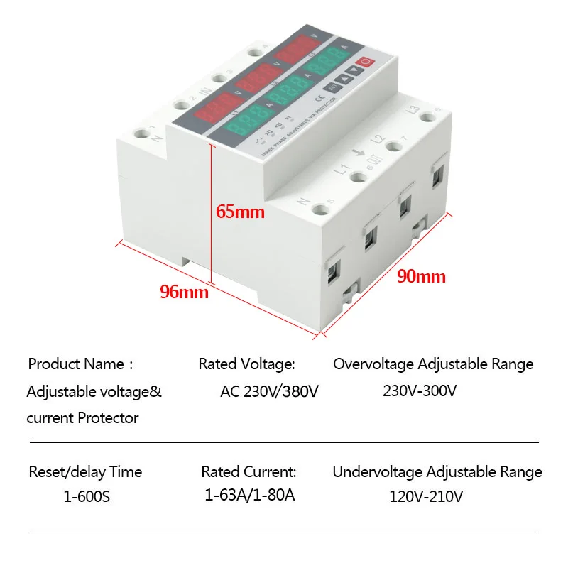 3P4W Over and Under Voltage Protector Voltmeter Ammeter Monitor Relays Adjustable 3 Phase 3P+N Din Rail Current Limit Protection