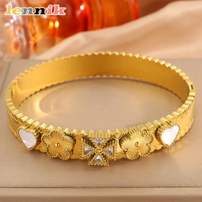 سوار LENNIK الفاخر من التيتانيوم الصلب، زهرة البرسيم الحب عالية الجودة، سوار نسائي غير يتلاشى، يوميًا/مكتب متعدد الاستخدامات #4