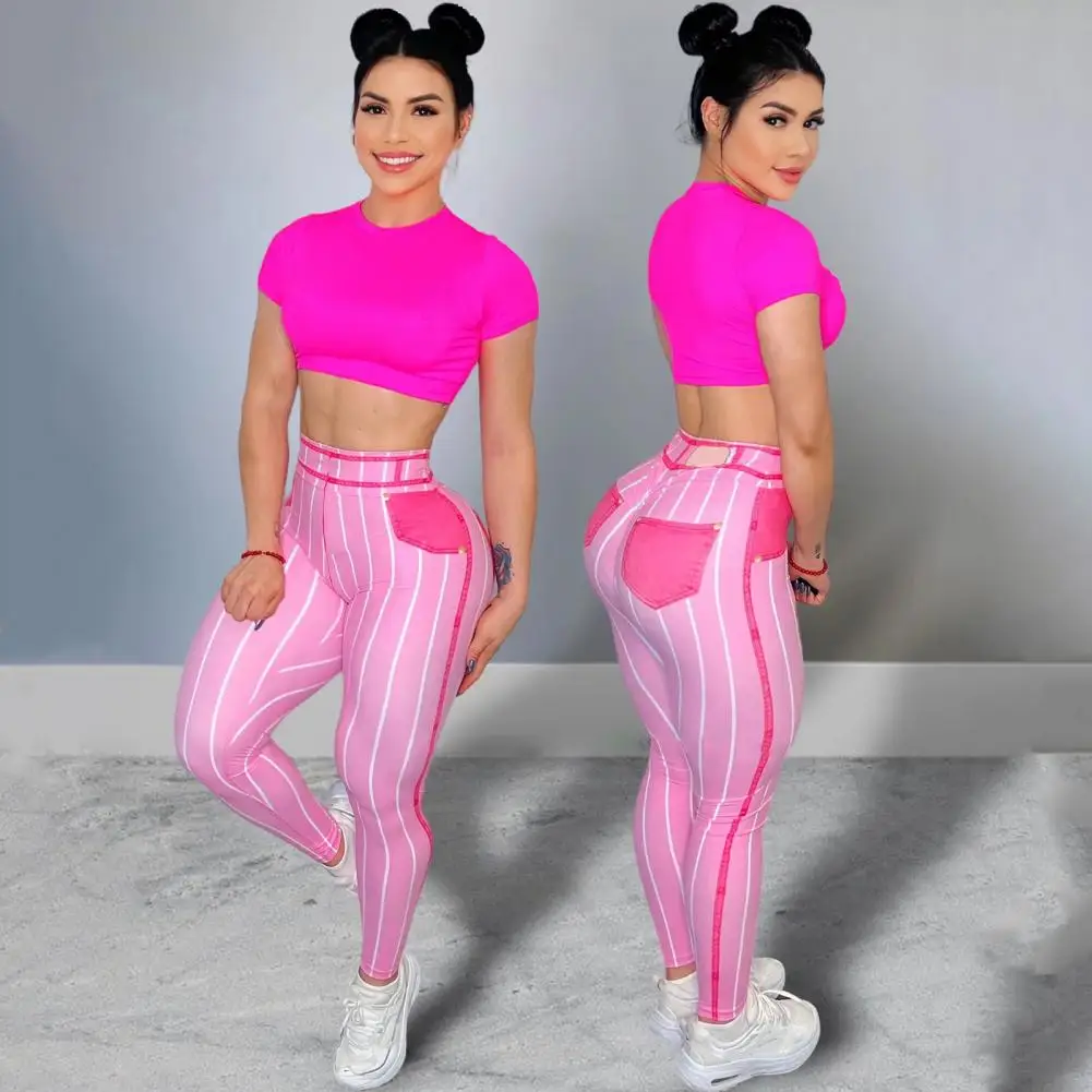 Sexy Tight Imitation Jeans Women Pencil Pants High Waist Striped Print Leggings Elastic Yoga Pants Workout Push Up Causal Pants