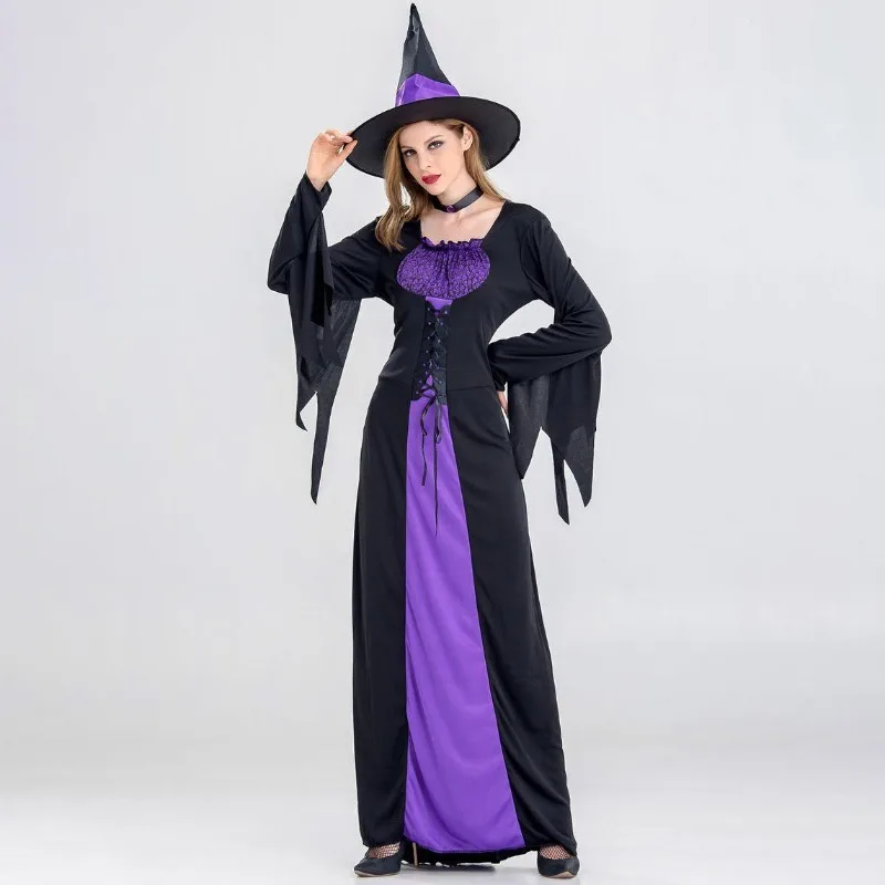 Vestido de Bruja Gótica Morada, Disfraz de Vampiresa para Halloween, Traje Completo para Mujer, Disfraz Elegante para Fiestas Oscuras
