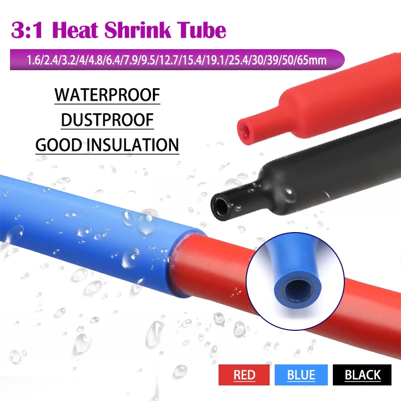 

1~10m 3:1 Glue Heat Shrink Tube Black Red Blue 1.6~65mm Polyolefin Insulated Dual Wall Adhesive Line Protector Wrap Cable Sleeve