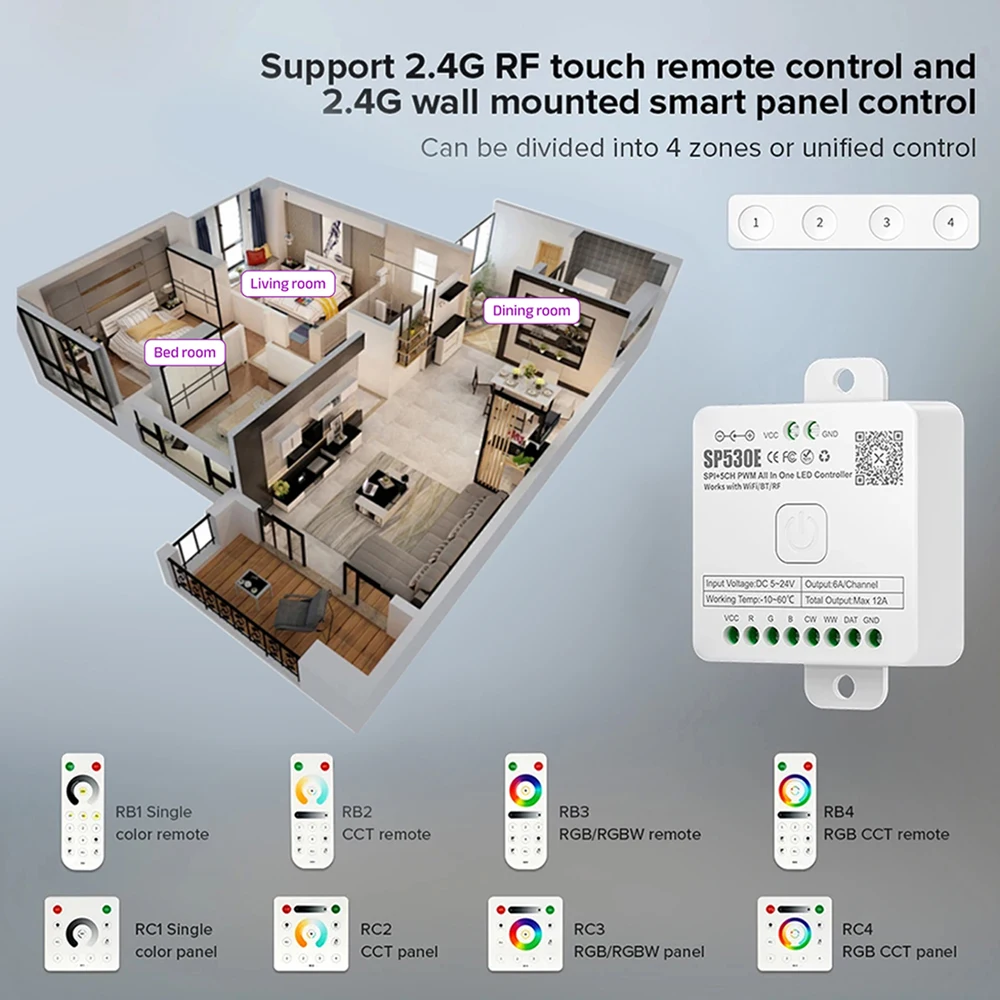 SP530E SP630E WiFi Alexa Bluetooth LED Controller Support PWM Monochrome CCT RGB RGBW RGBCCT or SPI TTL IC Chip LED Strip/Matrix