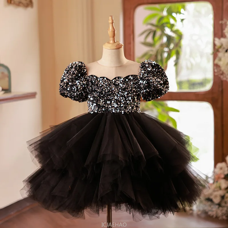 Party Dress Glitter Girls First Year Birthday Pageant Gown Kids Piano Recital Outfit Host Performance Skirt Children Costume