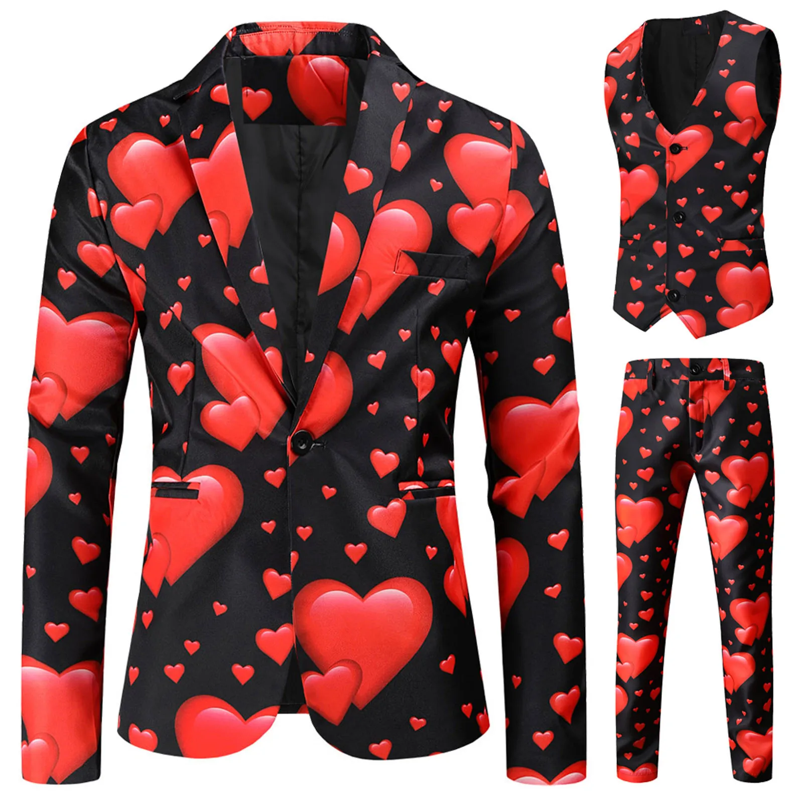 Valentine\'s Gift Men\'s Fashion Suit Three-Piece Sets Party Coat 3d Heart Printed Coat Vest Pants Suit Slim Fit Blazer Jacket Men