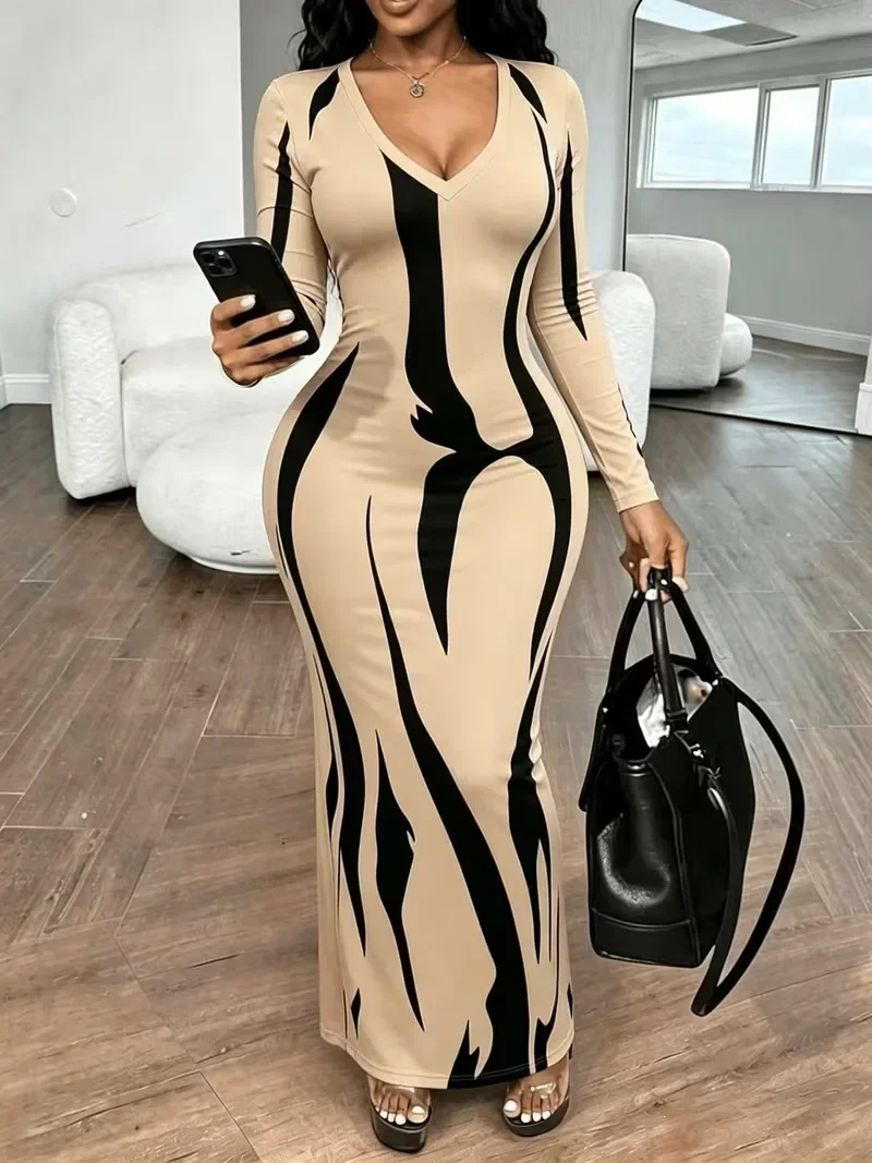 Sexy Women Long Sleeve V Neck Bodycon Maxi Dress Abstract Print Slim Pencil Club Dress