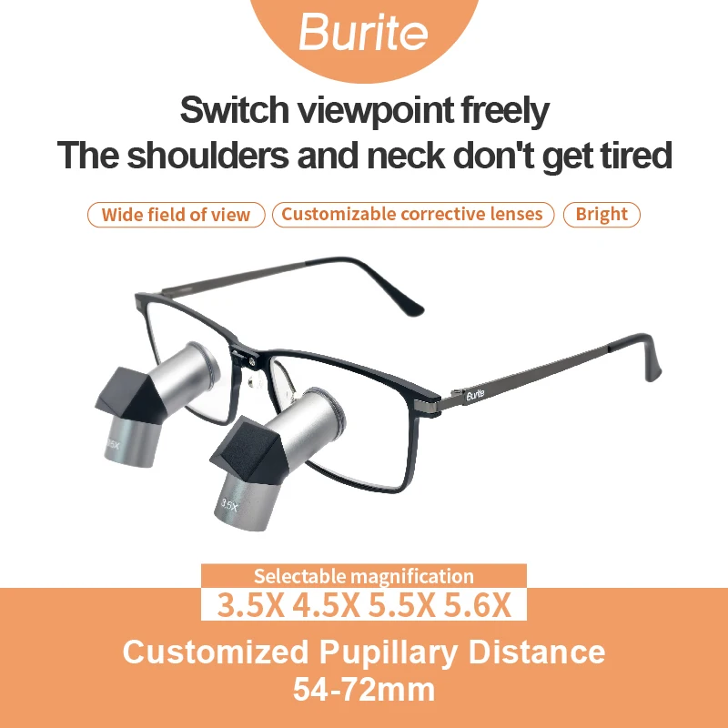 

Медицинские хирургические увеличительные очки Burite ERGO 3.5X-6.5X с откидной регулируемой межзрачковой дистанцией 30-58 см для длительной работы