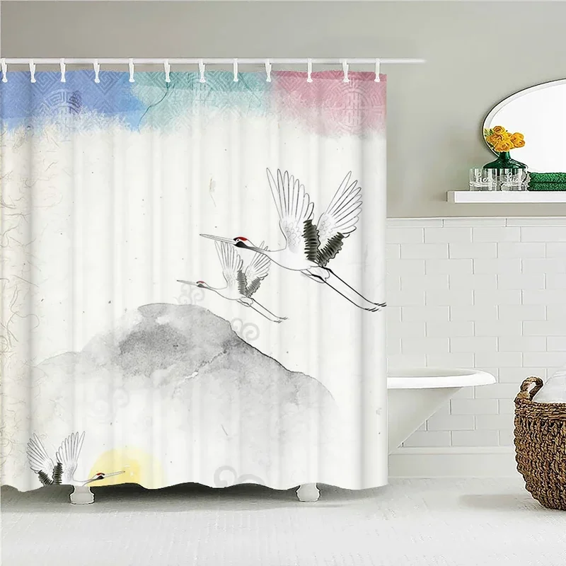 Chinese Flowers and birds lotus Bathroom Curtain 3D Printed Landscape Shower Curtains Waterproof Fabric Home Decoration