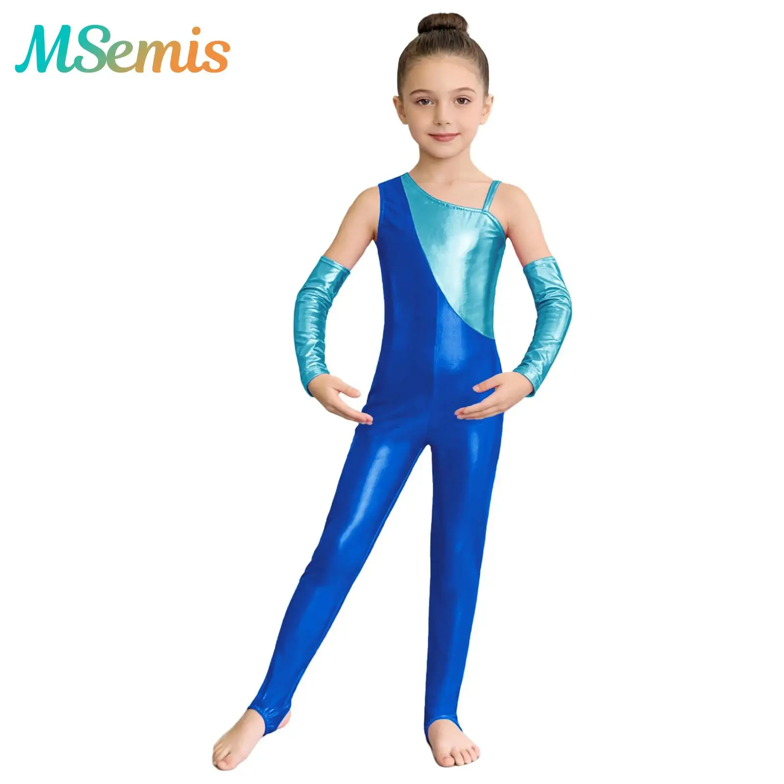 

Kids Girls Gymnastics Leotards Ballet Dance Performance Costume Asymmetrical Metallic Jumpsuit Back Invisible Zipper Bodysuit