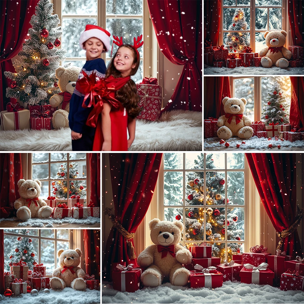 Cute Plush Toy Bear Photography Background Christmas Holiday Decoration Supplies Boy Girl Portrait Photo Backdrops Studio Props