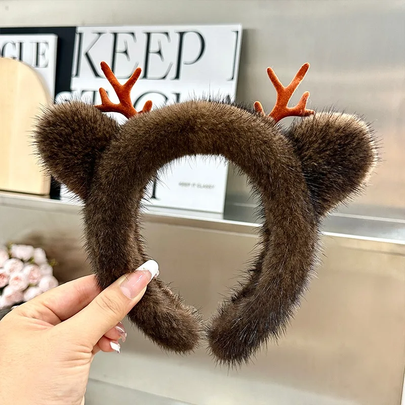 

Hot Sale High Quality Women Luxury Winter Real Mink Fur Headbands Antlers Real Fur Hair Band Lady Fashion Hair Hoop Furry Gift