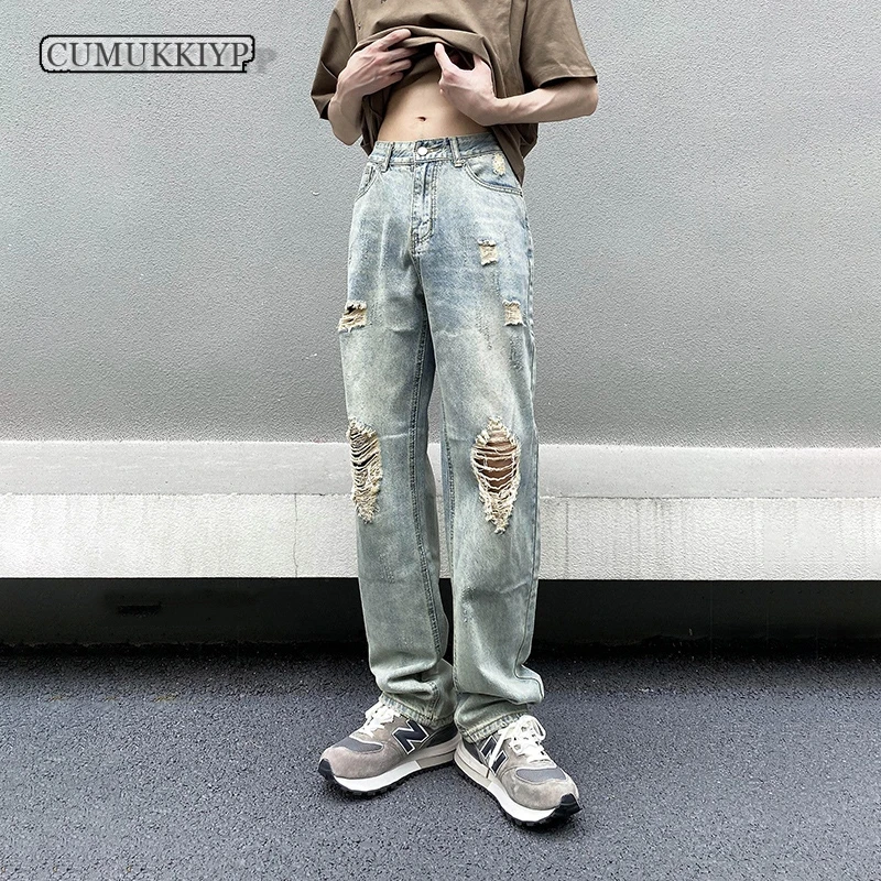 

CUMUKKIYP New Fashion Streetwear Ripped Jeans Men Y2k Baggy Hosen Wide Leg Denim Pants Cool Water Washed Vintage Blue