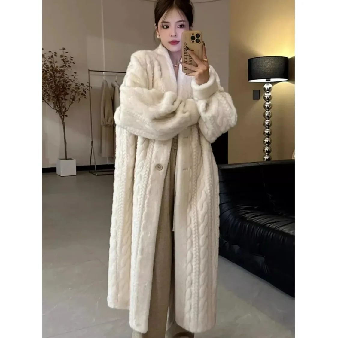 Thiened Long Knitted Mink Cardigan Cotton Plu Women's Winter Coat Eco-friendly Fur Outerwear Large Size Coat for Women