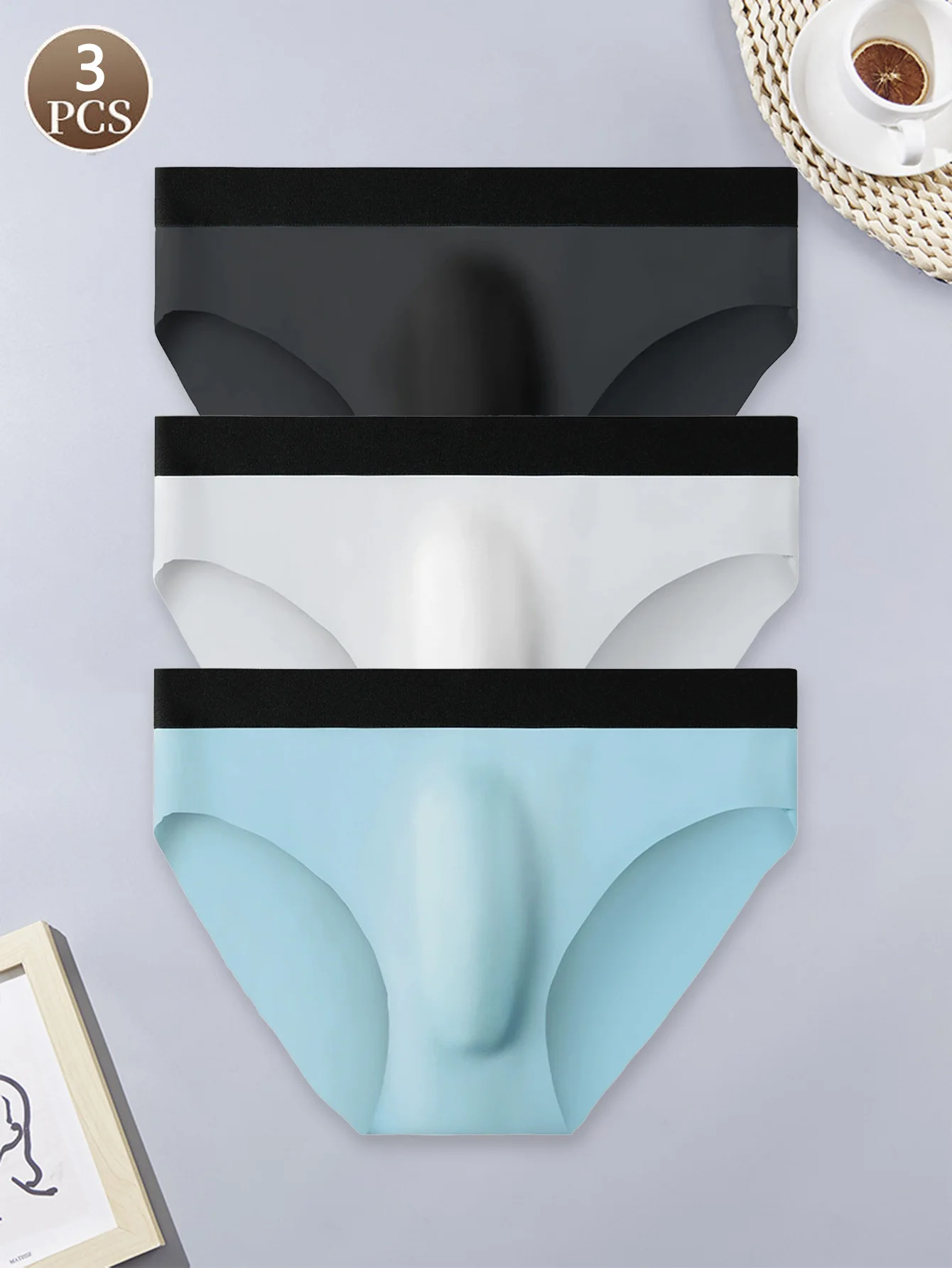 

3PCS Solid color seamless mid waist men's underwear Breathable men's loose and comfortable simple panties