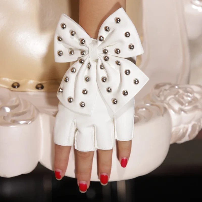 Fashion Fingerless Cosplay PU Leather Gloves Big Bow Rivet Sexy Disco Dancing Rock And Roll Black Punk Show Half Finger Mittens