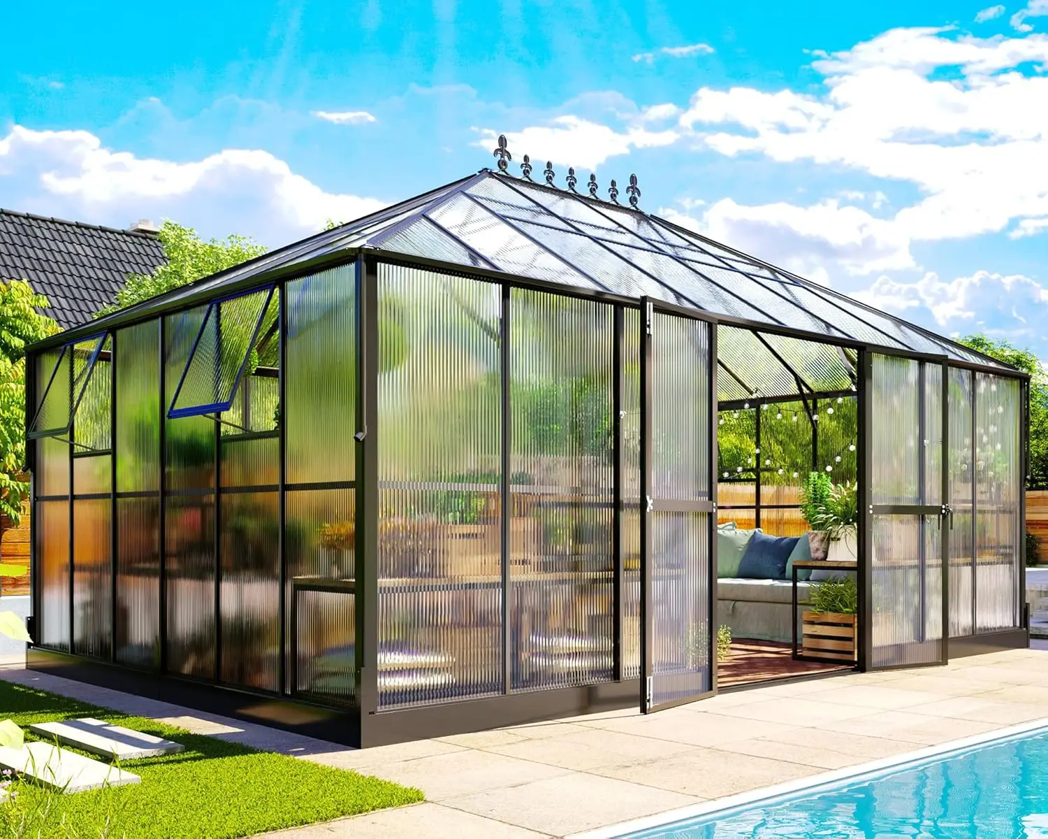 16x12x9.5 FT Polycarbonate Greenhouse- 6 FT Wall Height Outdoor Aluminum Greenhouses with 2 Ventilation and Rain Gutter Double