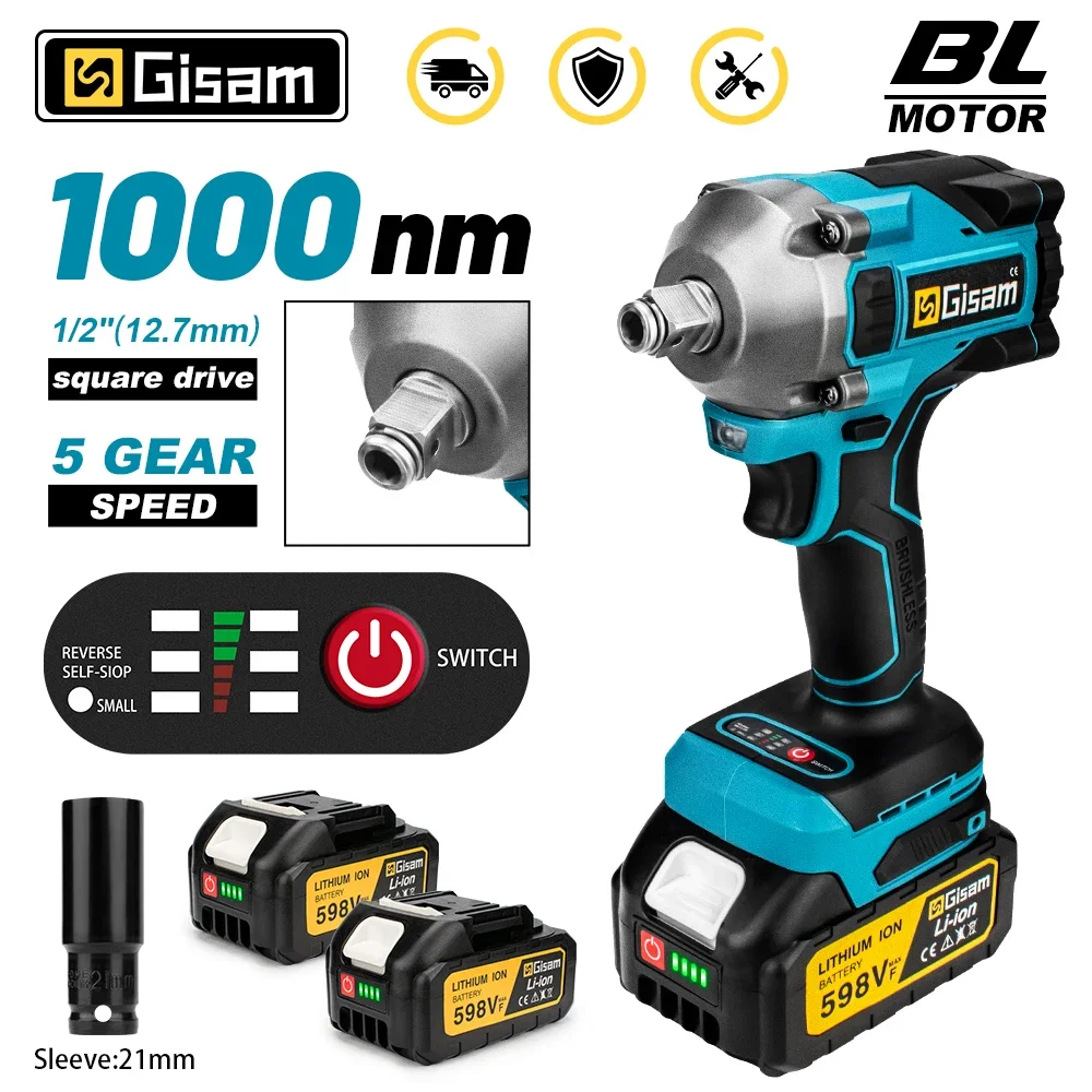 

Gisam 1000N.M Torque Brushless Electric Impact Wrench 1/2 inch Cordless Wrench Screwdriver Power Tools for Makita 18V Battery