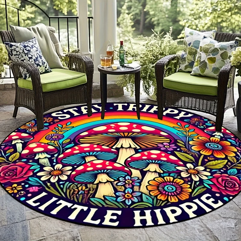 VIKAMA Stay Trippy Little Hippie Round Area Rug Psychedelic Mushroom Flower Non Slip Floor Mat for Living Room Patio Rug