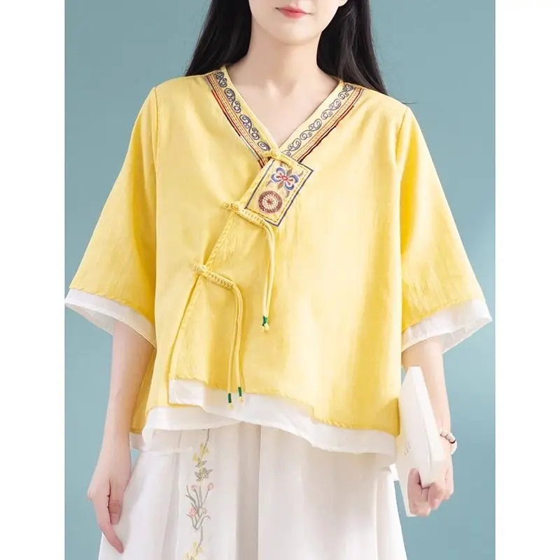 Spring Cotton Linen V-neck Slanted Placket Buckle Ethnic Style Retro Artistic Shirts Loose Solid Chinese Style Embroidery Tops