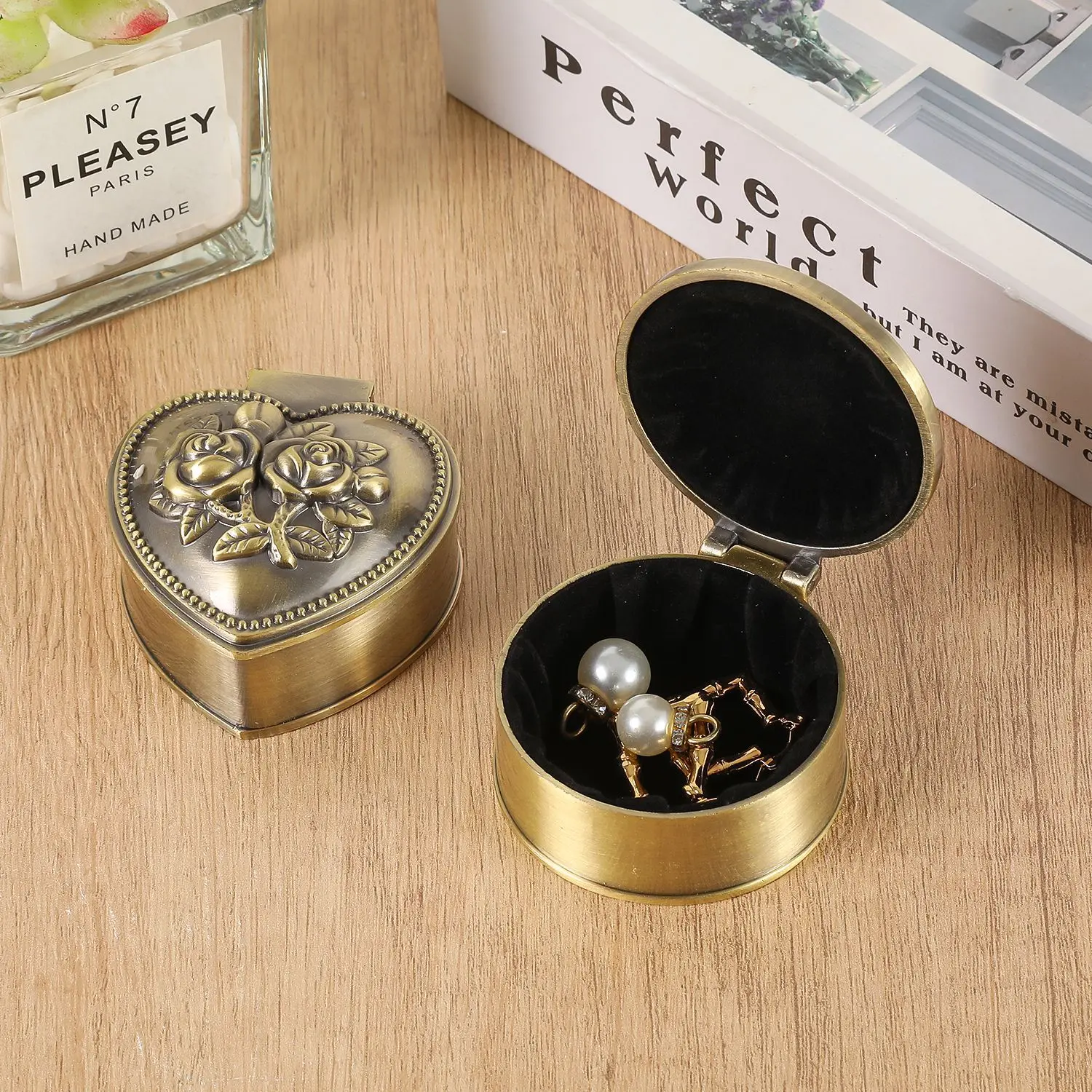 European Rose Jewelry Box Metal Heart Shaped Jewelry Ring Earring Storage Box Jewelry Box