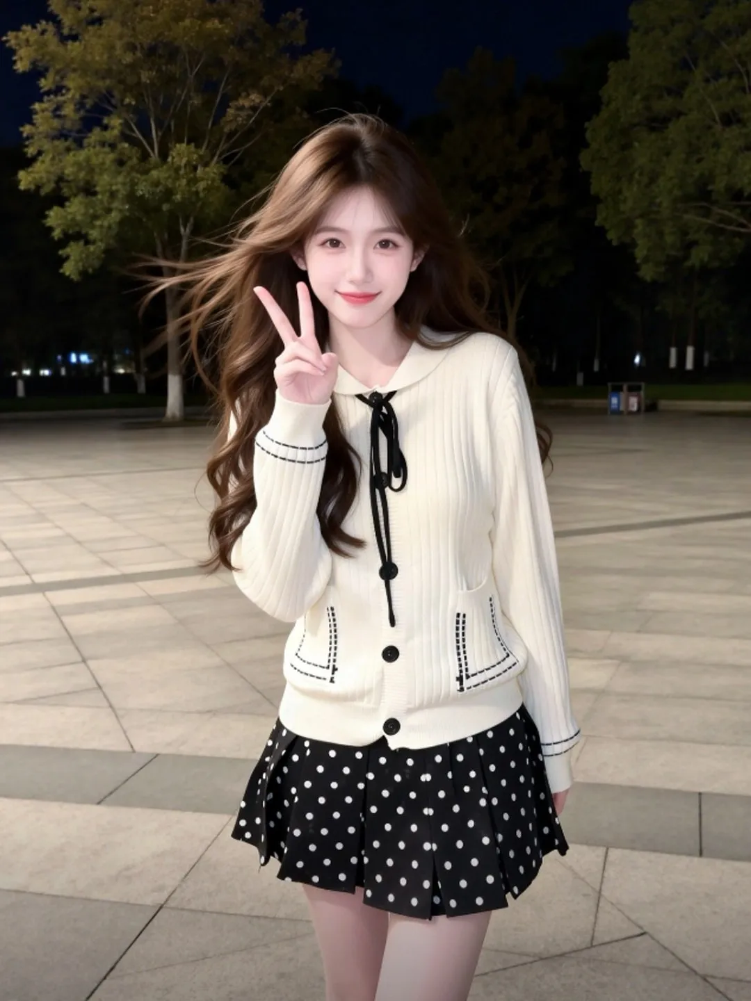 

Весенний модный вязаный свитер и юбка в горошек: комплект из двух предметов. Нежный, теплый, комфортный, с длинными рукавами, на пуговицах.