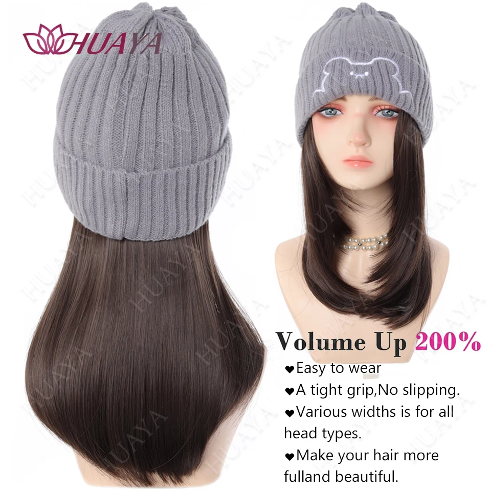 Synthetic Hat Wig Medium Length Straight Hair knitted Hat Wig Hair Extensions Accessories Autumn Winter Cap Warm Velvet Lining