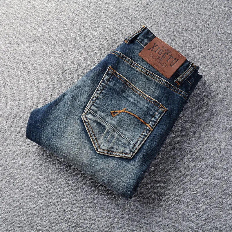 Italian Style Fashion Men Jeans Retro Washed Blue High Quality Stretch Slim Fit Ripped Jeans Men Vintage Designer Denim Pants
