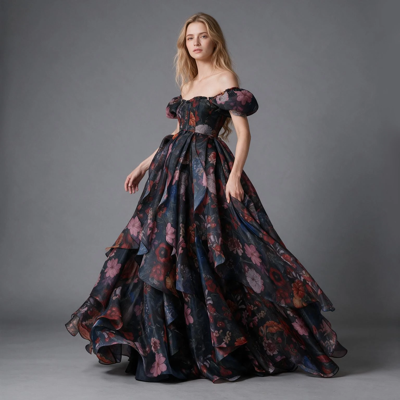 Vintage Dark Floral Organza Prom Dress Layered Ruffle Evening Gown Princess Maxi Dress YW2610136