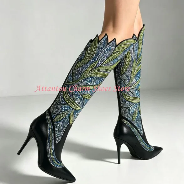 Colorful Crystal Women Long Boots Fashion Design Rhinestone Black Leather Knee High Boots Lady Sexy Stage Shoes Dress Party Boot
