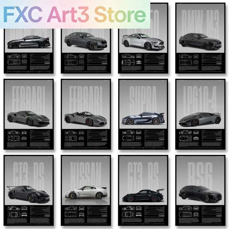 Frameless,Black & White Famous Cars Posters Classic Car Photography Print Man Cave Canvas Painting Wall Art Pictures for Home De