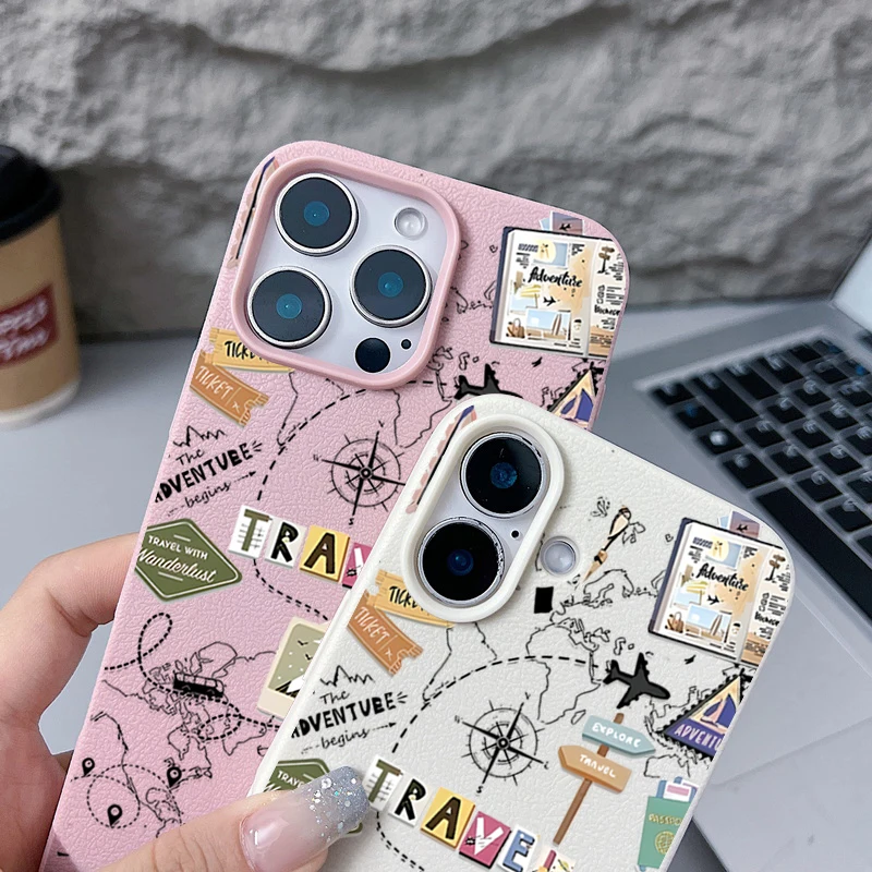 Custodia per telefono modello mappa da viaggio per iPhone 17 Air 16e 16 15 14 Pro Max 13 12 Pro 11 Texture in pelle TPU Cover morbida in silicone Funda