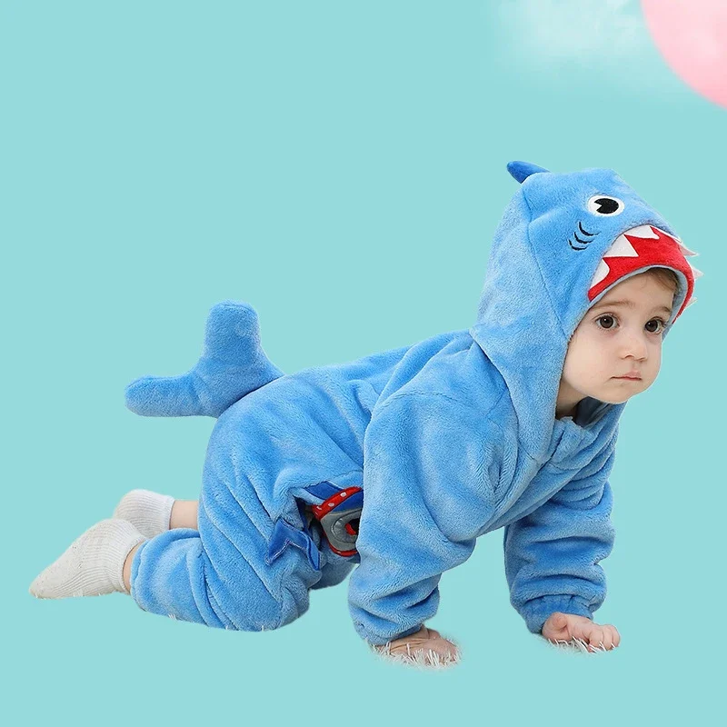 Kigurumis Shark Winter Baby Girls Clothes Romper Boys  Lovely Baby Onesie Bodysuit Cartoon Zipper Hooded Flannel Jumpsuits