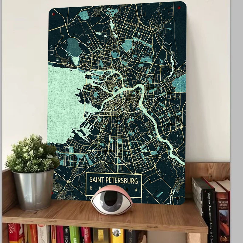 Saint Petersburg Russia City Map Art Metal Tin Sign Modern Home Decor Wall Hanging for Living Room Study Room