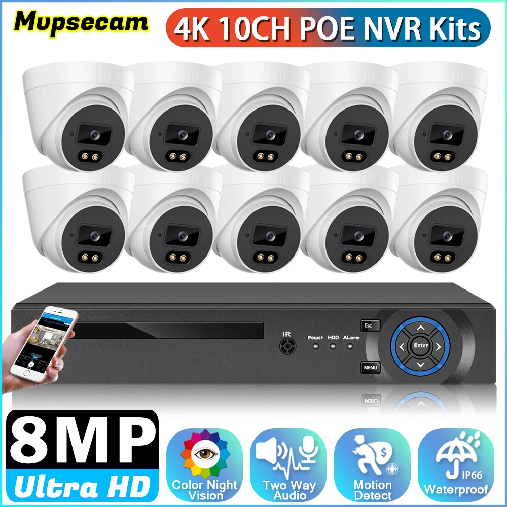 

10-канальная 8-мегапиксельная купольная камера PoE H.265 4k PoE NVR Kit Умный дом Цветная камера ночного видения Комплект двустороннего аудио-видео наблюдения