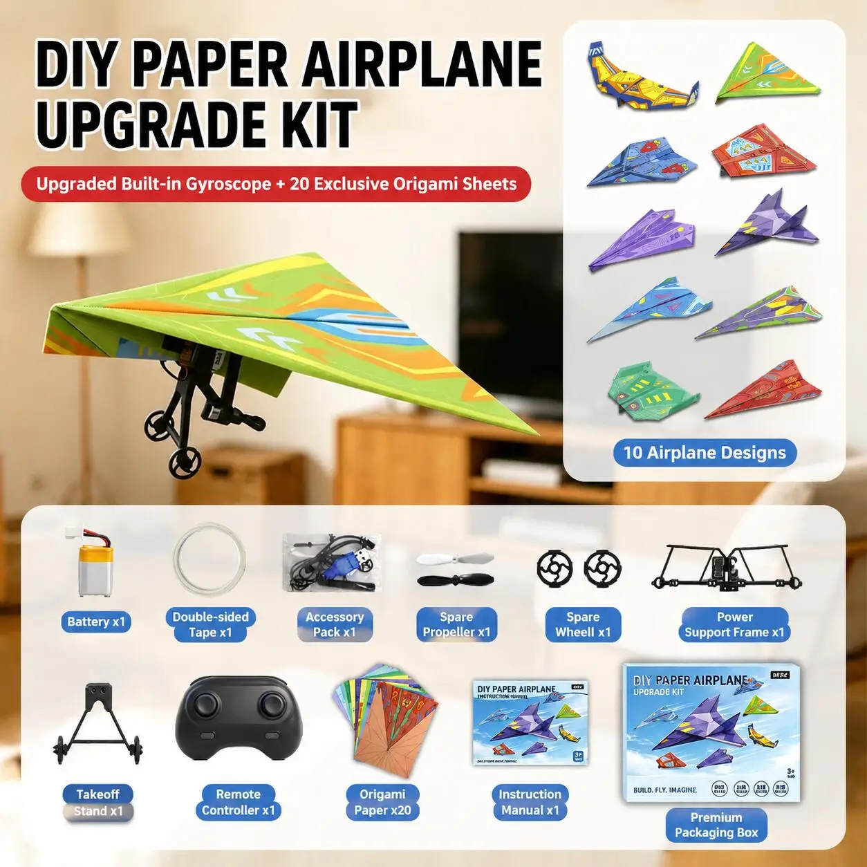 DIY Paper Airplane Power Kit, Electric Remote Control Aircraft Model Toy, Build Your Own RC Plane with Gyroscope Motor