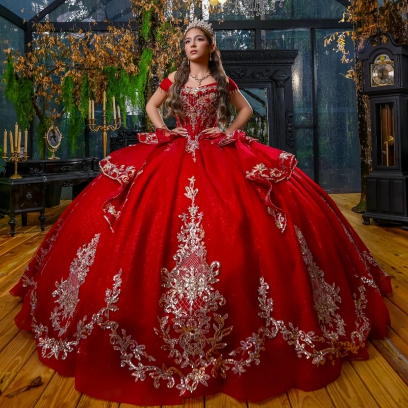 

Red Shiny Quinceanera Dresses Off The Shoulder Gold Applique Lace Beading Crystal Bow Tull Corset Party Birthday Sweet 16 Dress