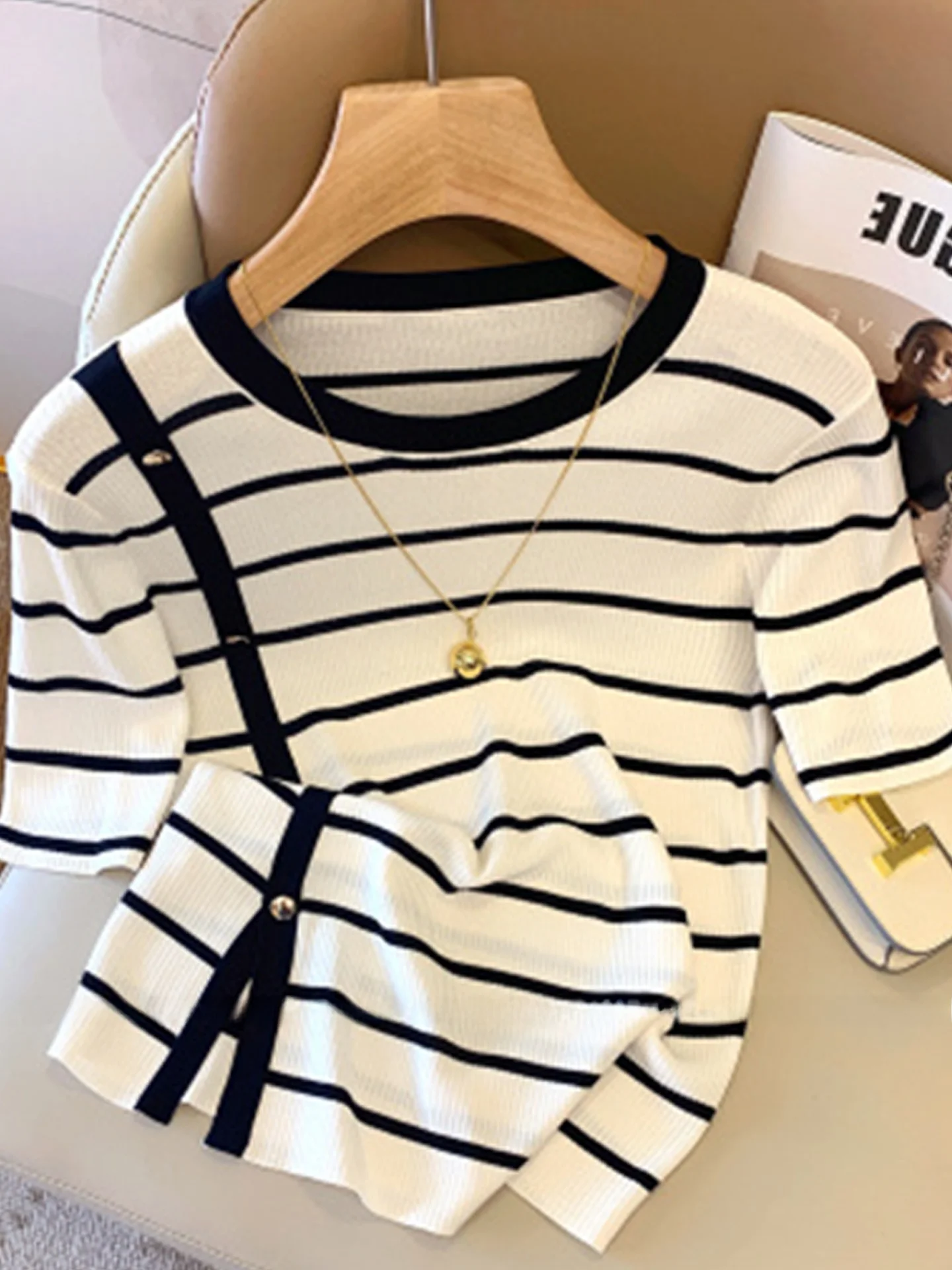 

Утягивающий вязаный топ из ледяного шелка, круглый Ne Striped ort Sve, женская модная летняя новая футболка Sle для поездок на работу