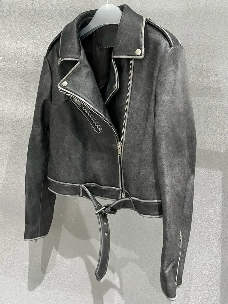 Giacca in vera pelle fatta a mano con risvolto stile casual, telai con cerniera ampia, maniche lunghe, capispalla da motociclista in pelle di pecora da donna