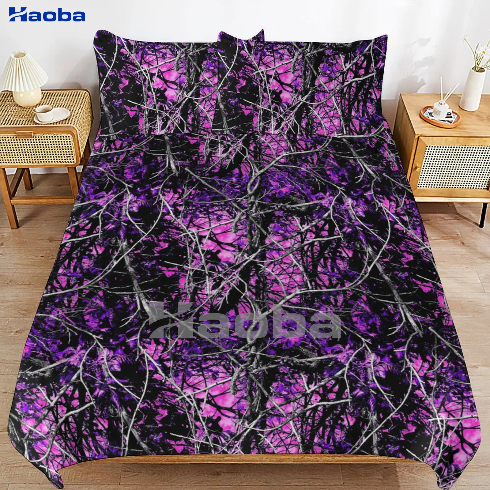 Purple Wildfire Camouflage Print Three Piece Bedding Set Children or Adults for Beds Quilt Covers Birthday Gifts for Women Men