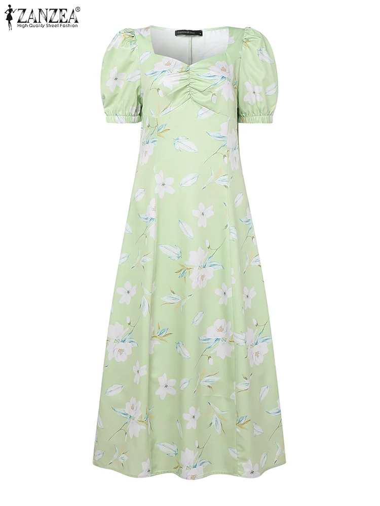

ZANZEA 2025 Bohemian Dress Women Elegant Printed Maxi Long Sundress Short Puff Sleeve Summer Vestidos Casual Loose V-Neck Robe