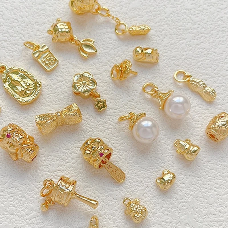 6pcs Copper-plated Gold Color Chinese-style Pearl Lucky Flower Accessories Diy Bracelet Necklace  Sequined Beads Charms