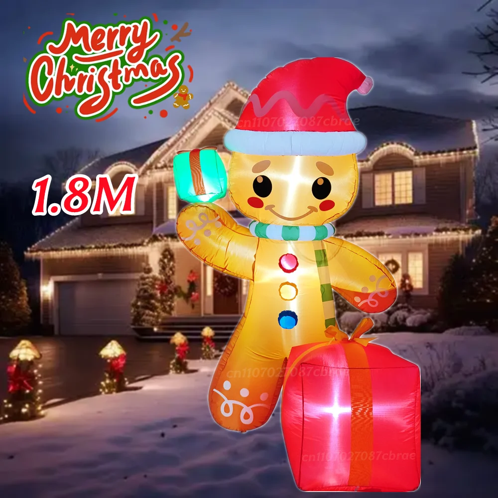 

Рождественский надувной пряничный человечек 1,8 м, встроенные светодиодные фонари, подарочная коробка для внутреннего и наружного двора, газона, квадраты, украшение