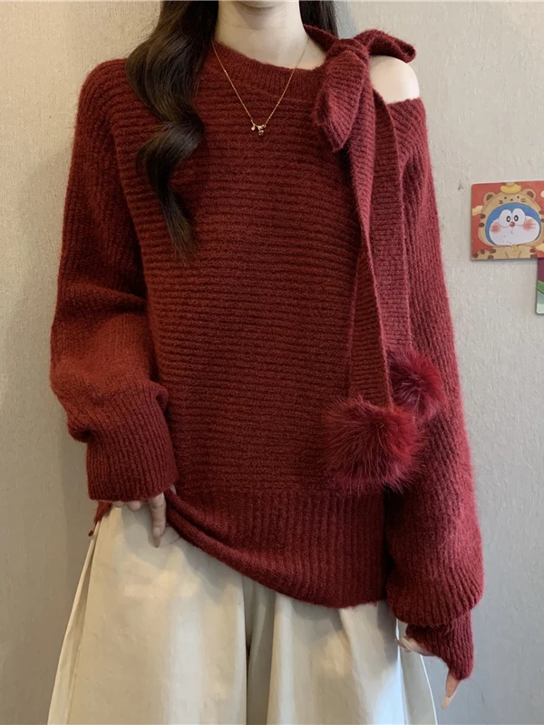 

Wine Red Long Sve Knot Tassel oulder Sweater Women's plus Size Loose Fit Casual Sle Spring Faion Top