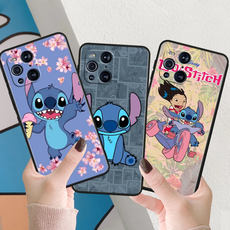 Disney Stitch Angie For OPPO Find X6 X5 X3 X2 F21S F21 Pro Lite Neo Black Silicone Fundas Soft Cover Capa Phone Case