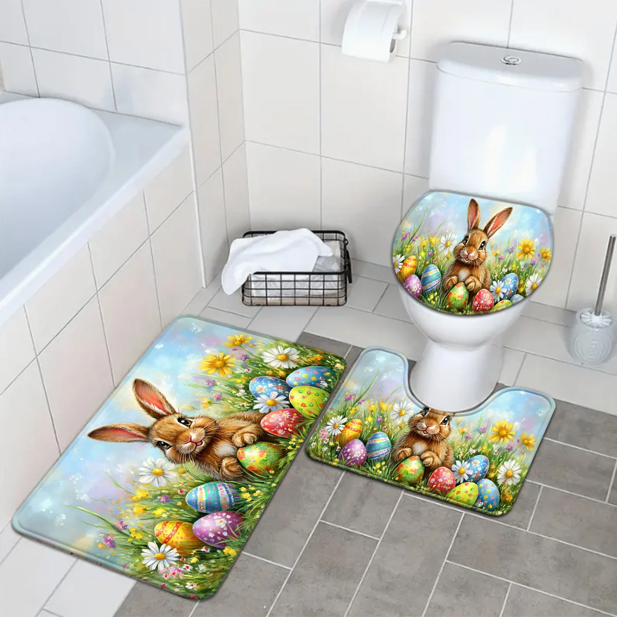 

Waterproof Bunny Spring Easter Bathroom Mat Set Duo Rug Toilet Lid Cover Floral Decor Home Accent Gift