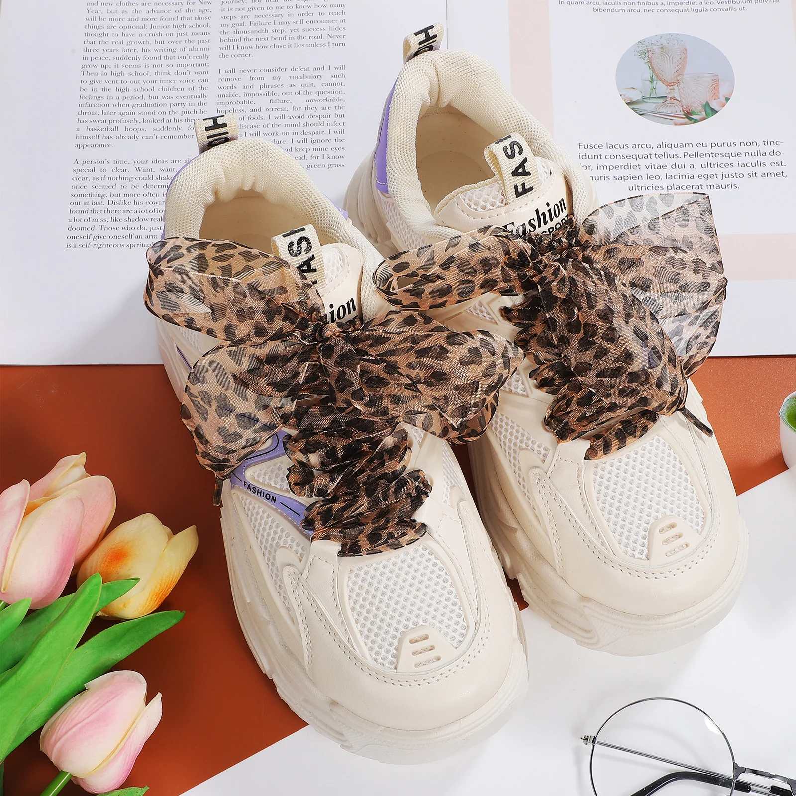 

2pcs Wide Leopard Print Shoelaces Flat Ribbon Laces Replacement For Sneakers Boots Colorful Patterned Lace Durable Soft